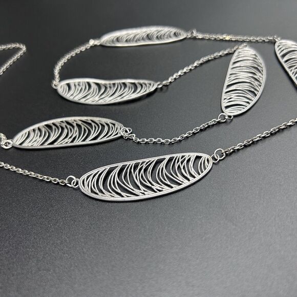 Sterling Leaf Wispy Oval Station Modernist Necklace Marked RCI 925 Italy 35in - Picture 2 of 15